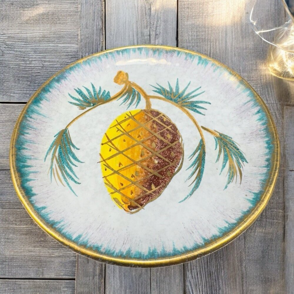 Vintage Italian Pottery 5inch Round Dish Plate With Pine Tree Acorn Italy VTG